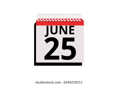25 junho calendário ícone página de texto design mensal web em vermelho, preto e branco fundo vetor, ícone, ou ilustração com o mês de junho 25
