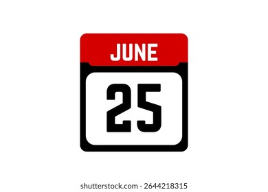 25 junho calendário ícone página de texto design mensal web em vermelho, preto e branco fundo vetor, ícone, ou ilustração com o mês de junho 25