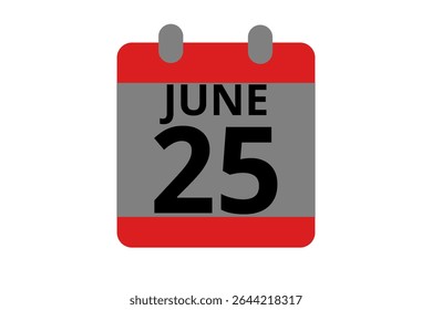 25 junho calendário ícone página de texto design mensal web em vermelho, preto e branco fundo vetor, ícone, ou ilustração com o mês de junho 25