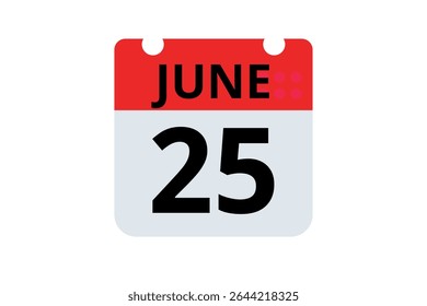 25 junho calendário ícone página de texto design mensal web em vermelho, preto e branco fundo vetor, ícone, ou ilustração com o mês de junho 25