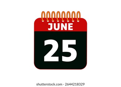 25 junho calendário ícone página de texto design mensal web em vermelho, preto e branco fundo vetor, ícone, ou ilustração com o mês de junho 25