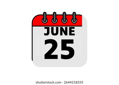 25 junho calendário ícone página de texto design mensal web em vermelho, preto e branco fundo vetor, ícone, ou ilustração com o mês de junho 25