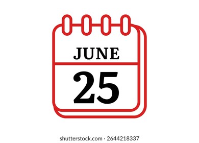 25 junho calendário ícone página de texto design mensal web em vermelho, preto e branco fundo vetor, ícone, ou ilustração com o mês de junho 25