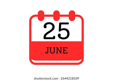 25 junho calendário ícone página de texto design mensal web em vermelho, preto e branco fundo vetor, ícone, ou ilustração com o mês de junho 25