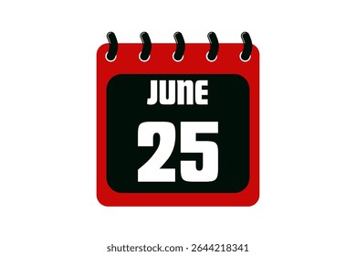 25 junho calendário ícone página de texto design mensal web em vermelho, preto e branco fundo vetor, ícone, ou ilustração com o mês de junho 25