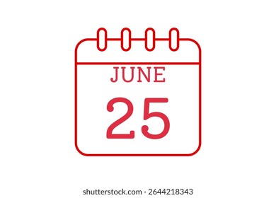 25 junho calendário ícone página de texto design mensal web em vermelho, preto e branco fundo vetor, ícone, ou ilustração com o mês de junho 25