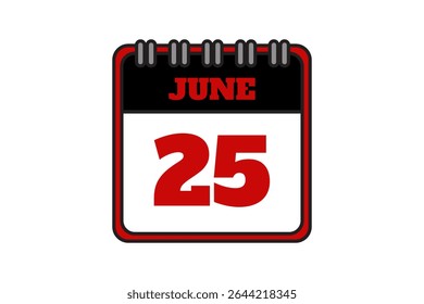 25 junho calendário ícone página de texto design mensal web em vermelho, preto e branco fundo vetor, ícone, ou ilustração com o mês de junho 25