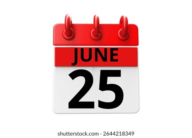 25 June calendar icon text page monthly web design on red, black and white background vector, icon, or illustration with the month of June 25