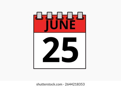 25 junho calendário ícone página de texto design mensal web em vermelho, preto e branco fundo vetor, ícone, ou ilustração com o mês de junho 25