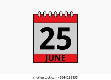 25 junho calendário ícone página de texto design mensal web em vermelho, preto e branco fundo vetor, ícone, ou ilustração com o mês de junho 25