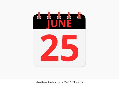 25 junho calendário ícone página de texto design mensal web em vermelho, preto e branco fundo vetor, ícone, ou ilustração com o mês de junho 25