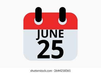 25 June calendar icon text page monthly web design on red, black and white background vector, icon, or illustration with the month of June 25