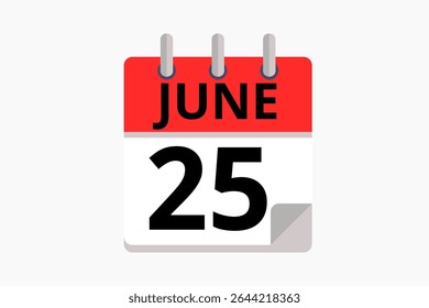 25 June calendar icon text page monthly web design on red, black and white background vector, icon, or illustration with the month of June 25