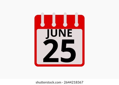 25 junho calendário ícone página de texto design mensal web em vermelho, preto e branco fundo vetor, ícone, ou ilustração com o mês de junho 25