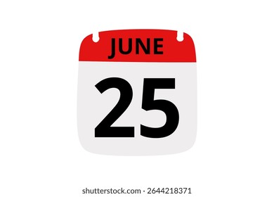25 junho calendário ícone página de texto design mensal web em vermelho, preto e branco fundo vetor, ícone, ou ilustração com o mês de junho 25