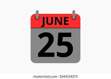 25 junho calendário ícone página de texto design mensal web em vermelho, preto e branco fundo vetor, ícone, ou ilustração com o mês de junho 25