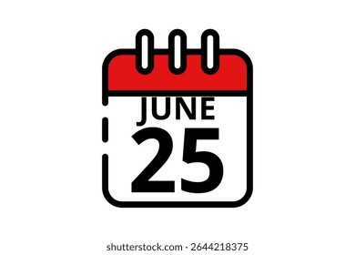 25 junho calendário ícone página de texto design mensal web em vermelho, preto e branco fundo vetor, ícone, ou ilustração com o mês de junho 25