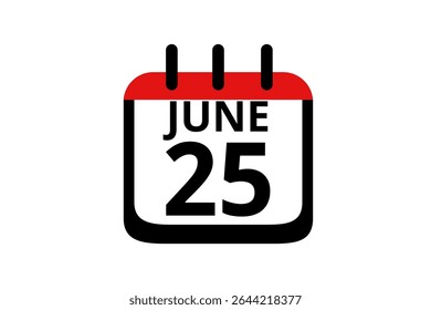 25 junho calendário ícone página de texto design mensal web em vermelho, preto e branco fundo vetor, ícone, ou ilustração com o mês de junho 25