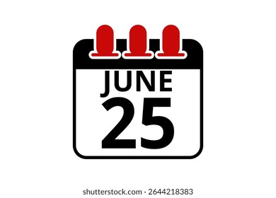 25 junho calendário ícone página de texto design mensal web em vermelho, preto e branco fundo vetor, ícone, ou ilustração com o mês de junho 25
