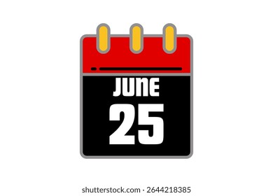 25 June calendar icon text page monthly web design on red, black and white background vector, icon, or illustration with the month of June 25
