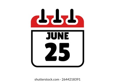 25 June calendar icon text page monthly web design on red, black and white background vector, icon, or illustration with the month of June 25