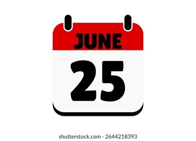 25 June calendar icon text page monthly web design on red, black and white background vector, icon, or illustration with the month of June 25