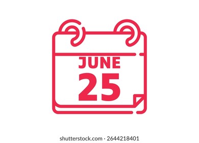 25 junho calendário ícone página de texto design mensal web em vermelho, preto e branco fundo vetor, ícone, ou ilustração com o mês de junho 25