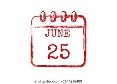 25 junho calendário ícone página de texto design mensal web em vermelho, preto e branco fundo vetor, ícone, ou ilustração com o mês de junho 25