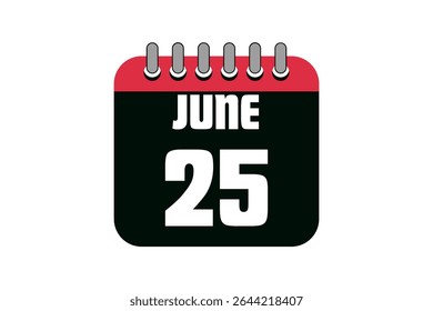 25 junho calendário ícone página de texto design mensal web em vermelho, preto e branco fundo vetor, ícone, ou ilustração com o mês de junho 25