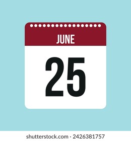 Icono de vector de calendario 25 de junio. Fecha de junio rojo y negro para los días del mes y la semana sobre un fondo claro