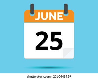 25 June. Flat icon calendar isolated on blue background. Vector illustration.