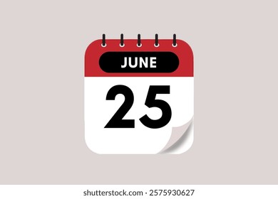 25 June month single day vector, illustration, calendar with rose red, black and off-white color background calendar June 25