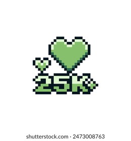 25 k likes, heart, achievement pixel art icon, goblet emblem, subscribers, design for logo, web, mobile app. Game tournament.  8-bit. Game assets. Isolated abstract vector illustration.