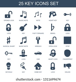 25 key icons. Trendy key icons white background. Included filled icons such as opened lock, music note, note, heart key, lock, fast forward, bemol. icon for web and mobile.