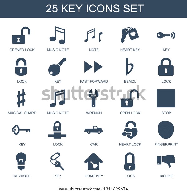 25 key icons.\
Trendy key icons white background. Included filled icons such as\
opened lock, music note, note, heart key, lock, fast forward,\
bemol. icon for web and\
mobile.