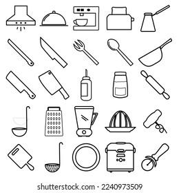 25 kitchen set vector icon isolated on white background, vector illustration, cookware, kitchenware