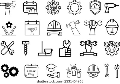 25 Labor Day Icons . the set of  flat design icons related to Labor Day, such as tools, workers, flags, and banners. The icons are isolated on a white background . Do labor movement with these icons.