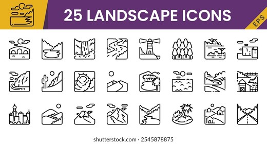 25 Landscape icons in line style including beach, ocean, waterfall, river, mountain, farm, forest, etc. For tourism and holidays.