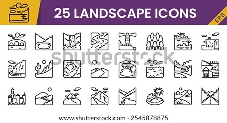 25 Landscape icons in line style including beach, ocean, waterfall, river, mountain, farm, forest, etc. For tourism and holidays.