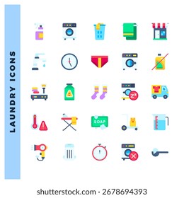 Pack de 25 iconos de lavandería plana. Ilustración vectorial.
