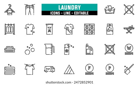 25 laundry icons set, vector line, editable stroke.