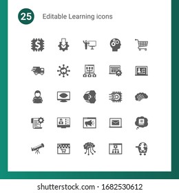 25 learning filled icons set isolated on . Icons set with Blended Learning, Online tutorial, coach, Webinar, Global education, Online coaching, Reading, Computer Vision icons.