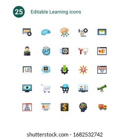 25 learning flat icons set isolated on . Icons set with Interactive Course, AI Architecture, Deep learning, Reading, AI Pattern, Machine learning, Distance teacher, Knowledge icons.