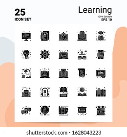 25 Learning Icon Set. 100% Editable EPS 10 Files. Business Logo Concept Ideas Solid Glyph icon design