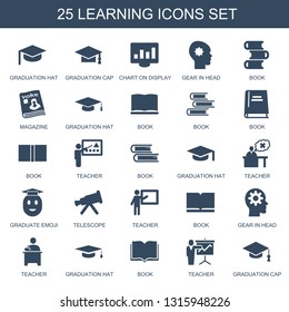 25 learning icons. Trendy learning icons white background. Included filled icons such as graduation hat, graduation cap, chart on display, gear in head. learning icon for web and mobile.