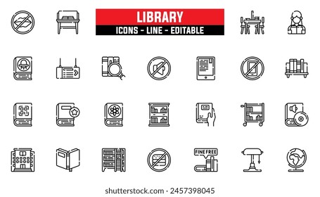 25 iconos de Biblioteca, línea de Vector, trazo editable.