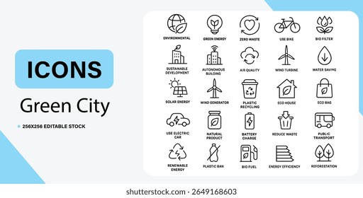 25 line art Green city icons representing sustainable living and environmental protection, including renewable energy, eco-friendly transportation, waste reduction.