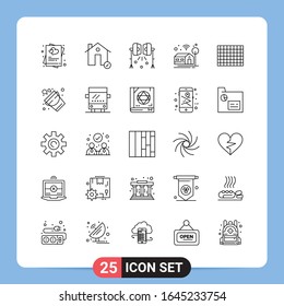 Símbolos de esquema del paquete de iconos negros de 25 líneas para aplicaciones móviles aisladas en fondo blanco. Juego De 25 Iconos.
