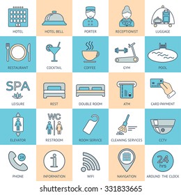 25 line hotel services icons. Color block. Logo, glyphs and pictogram collection. Vector illustration