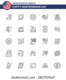 25 Line Signs for USA Independence Day kite; station; dollar; police; american Editable USA Day Vector Design Elements